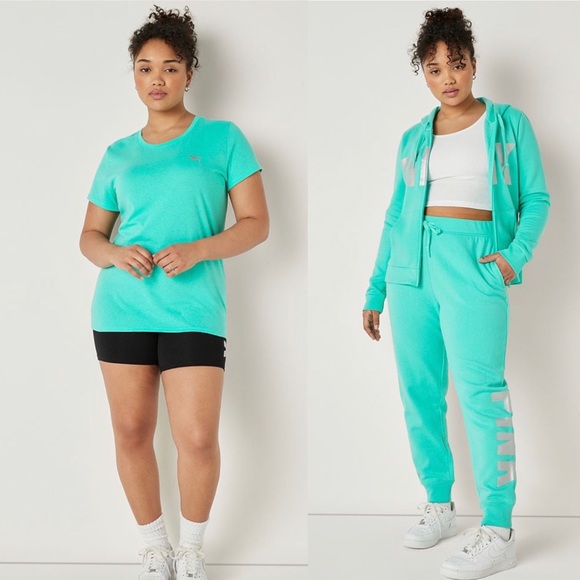 VS Pink 2-Piece SET Teal Ice Foil Relaxed Joggers & Teal Ice Foil Perfect Tee - Picture 5 of 15